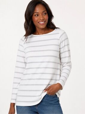Eileen Fisher White and Light Gray Striped Long-Sleeve Tee